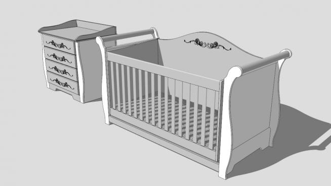 北欧白色婴儿床和床头柜SU模型