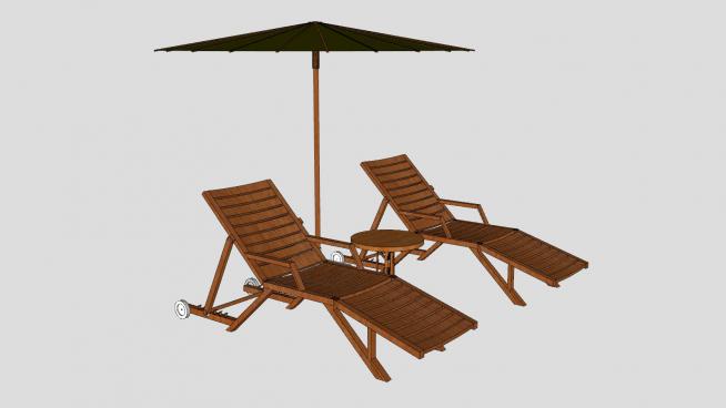 木质滑轮躺椅和遮阳伞SU模型