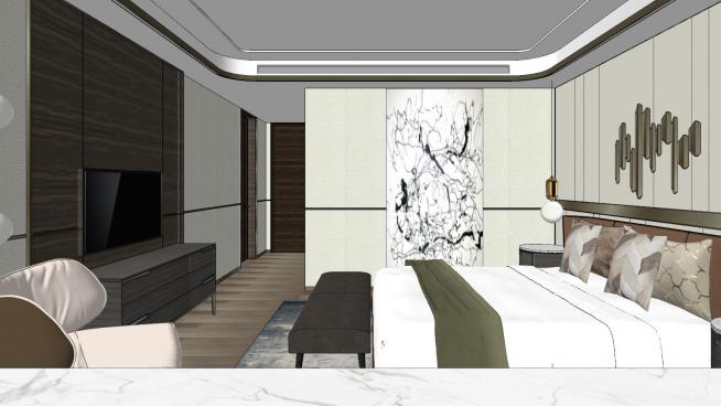 现代新中式酒店客房SU模型