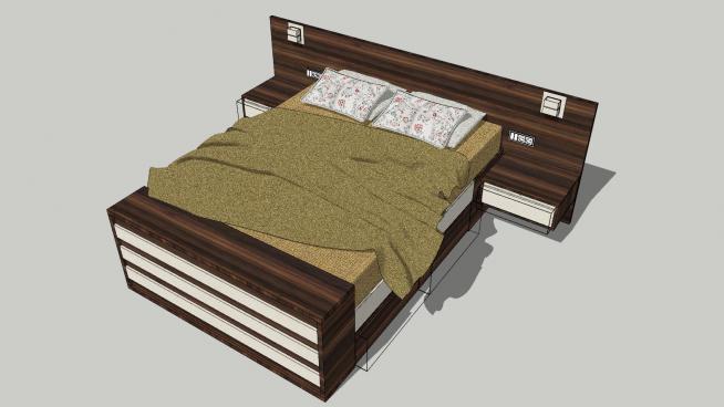 现代木制双人床床铺SU模型