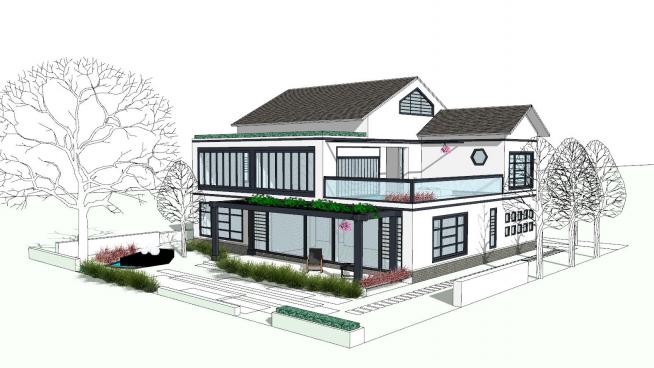 现代中式别墅sketchup模型